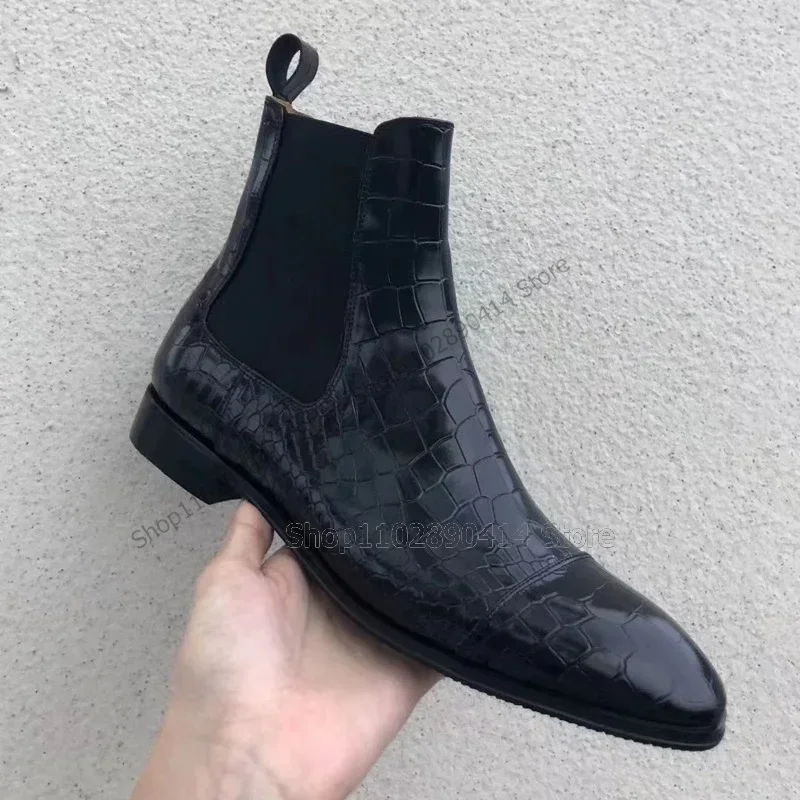黒のクロコダイルプリント、ポインテッドトゥ、アンクルブーツ、メンズファッションスリッポンブーツ、ハンドメイド、パーティー、宴会、オフィス、大きいサイズ、メンズドレスシューズ