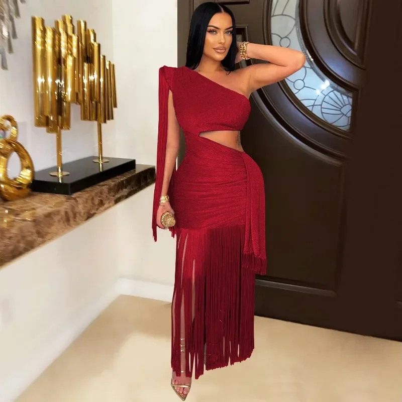 GUWU Damen One-Shoulder-Kleid mit Ausschnitt, Taille am Saum, Quaste, Midi-Maxi-langes Kleid, 2025, Club, sexy Abschlussball, Party, Abend, figurbetonte Kleider