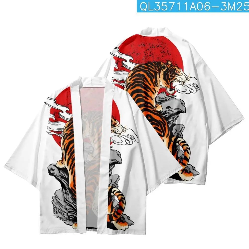 

Loose Cartoon Tiger Printed White Kimono Beach Shorts Streetwear Summer Casual Couple Women Men Haori Yukata Cardigan