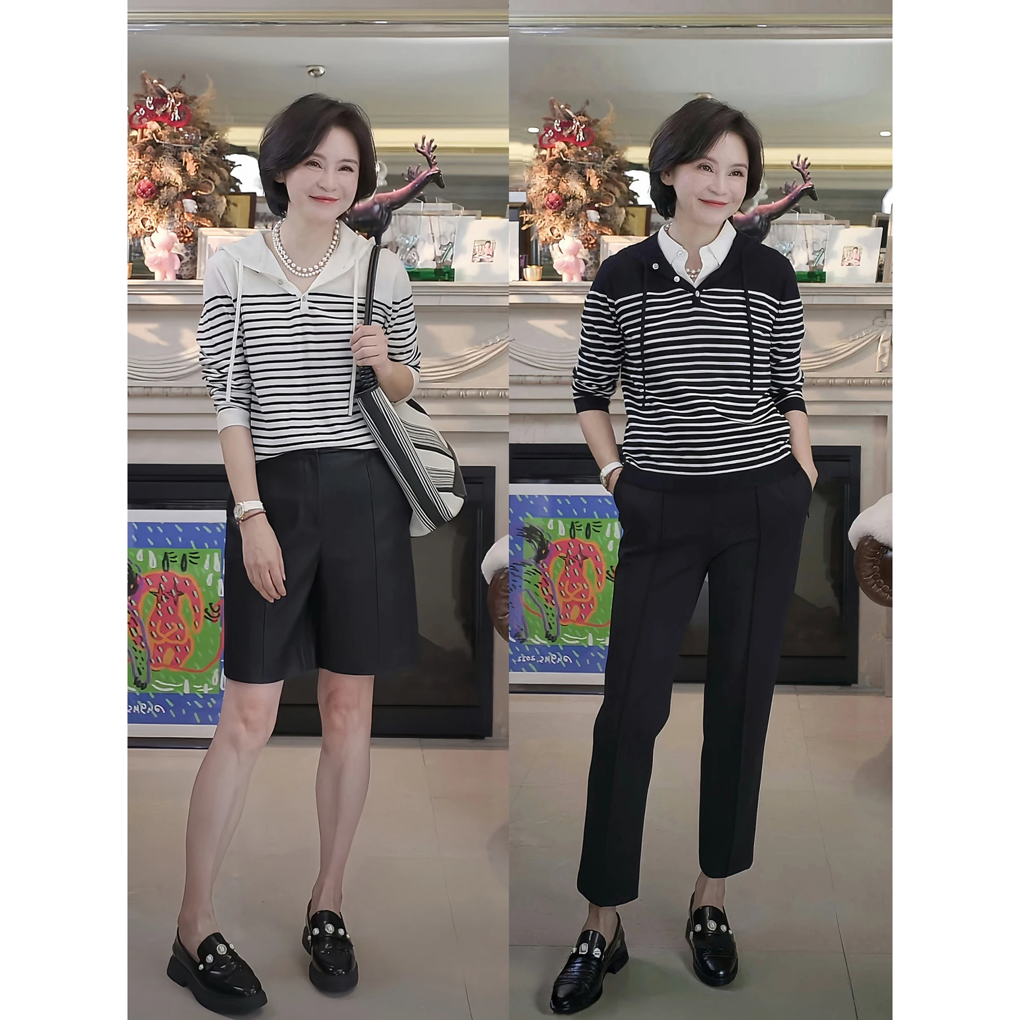 

South Yangtze 60-Strand Merino Wool 8-Needle Early Autumn Striped Hoodie Sailor Hat Sweatirt Women's Loose Fit Long Sve