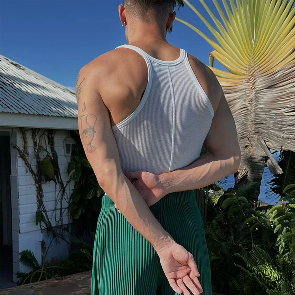 Mens Breathable Sleeveless Knitted Slim Fit Crop Tops Casual Beach Muscle Tee Tops Singlet Fitness Gym Clothes Bodybuilding Vest