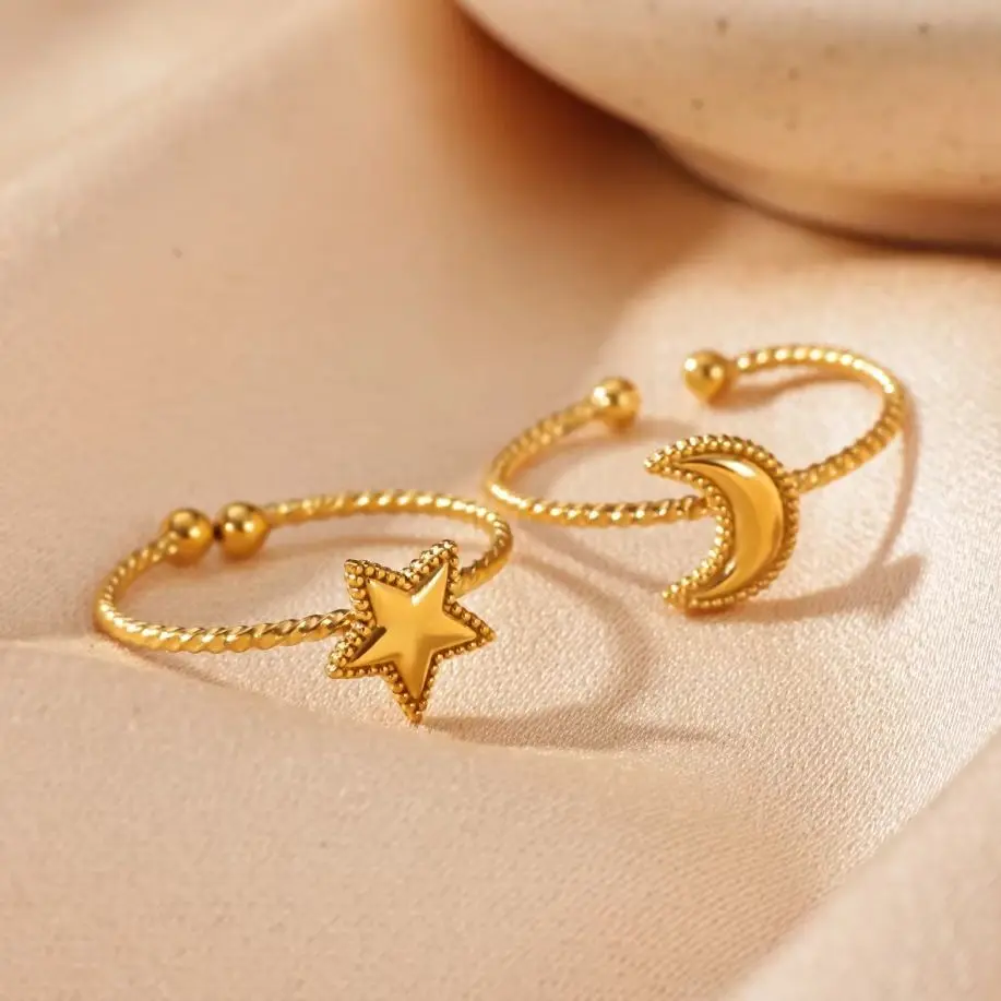 Vintage Stern- und Mond-Ringe für Damen, 18K vergoldeter Edelstahl, Stern- und Mond-Öffnungsring, ästhetischer Schmuck für Hochzeiten und Partys.