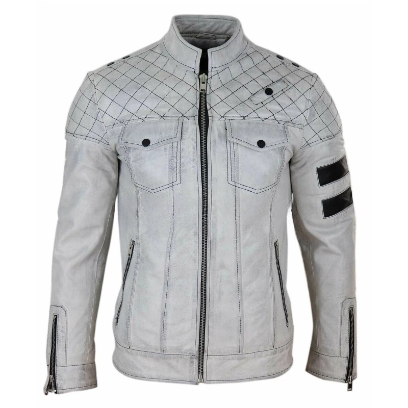 Men's Genuine Sheepskin Real Leather Jacket White Design Outwear Coat Soft