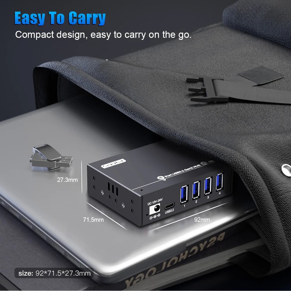 NEW 4-Port USB 3.2 Gen 2 Hub with 10Gbps Speed Wide Voltage 12V-24V Steel Housing Aluminium Material for PC Laptop & IPad-A-4U32
