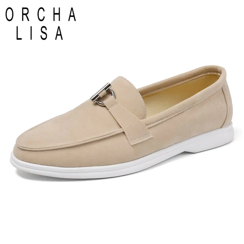 

ORCHA LISA 2025 Женские замшевые лоферы без шнуровки из флока с металлическим декором, большой размер 46 47 48, мягкая повседневная женская обувь