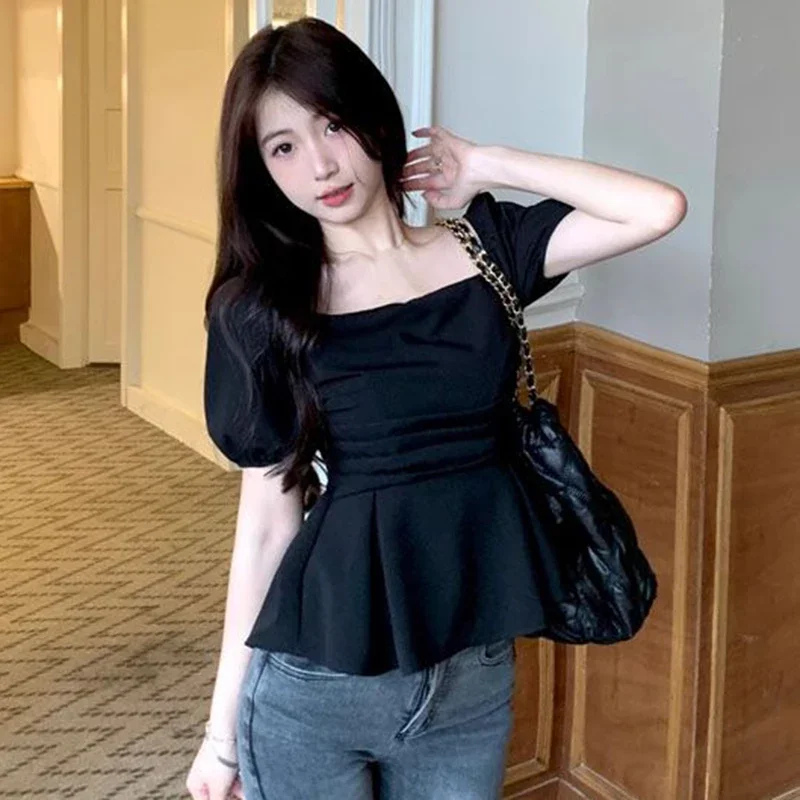 Folds Puff Short Sleeve French Woman Shirt Square Collar Solid Slim Ladies Blouse Fashion Casual New Ruffles Female Tops