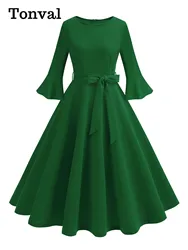 Tonval O-Neck Solid Elegant Midi Length Swing Dresses Flare Sleeve Belted Women Autumn 2024 Christmas Plain Vintage Dress