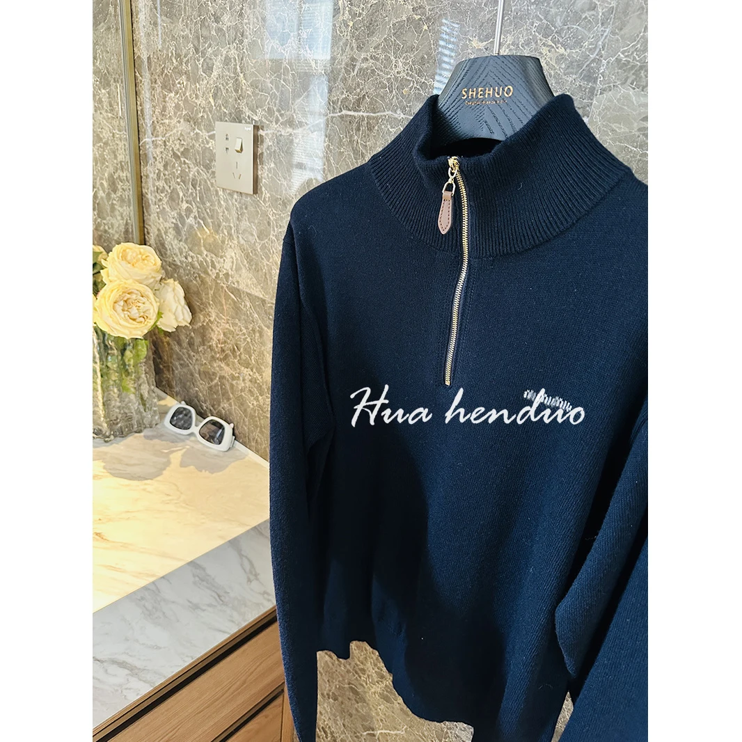 

Эксклюзивный осенний шерстяной свитер Huahuo Many VIP с молнией, однотонный, синий, мягкий, длинный, вязаный, на одно плечо