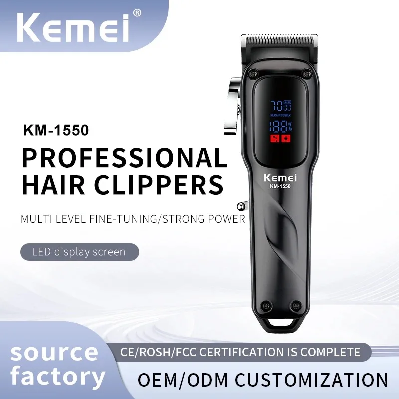 Kemei KM-1550 Professional Hair Clipper for Men LED Display Low Noise Cordless USB Interface Hair Cutting Machine Hair Trimmer