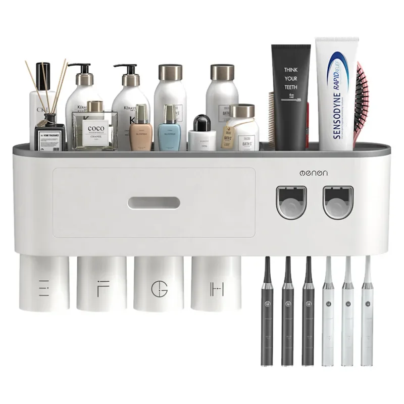 Automatic Toothpaste Dispenser Magnetic Adsorption Inverted Toothbrush Holder With Cup Toothpaste Bathroom Storage Rack Set