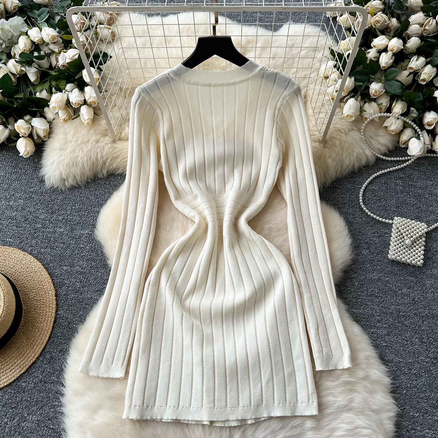 2024 Women Knit Slim Sexy Bodycon Dress V-Neck Long Sleeve Dress Solid Casual Midi Sweater Dress For Women  Autumn Winter