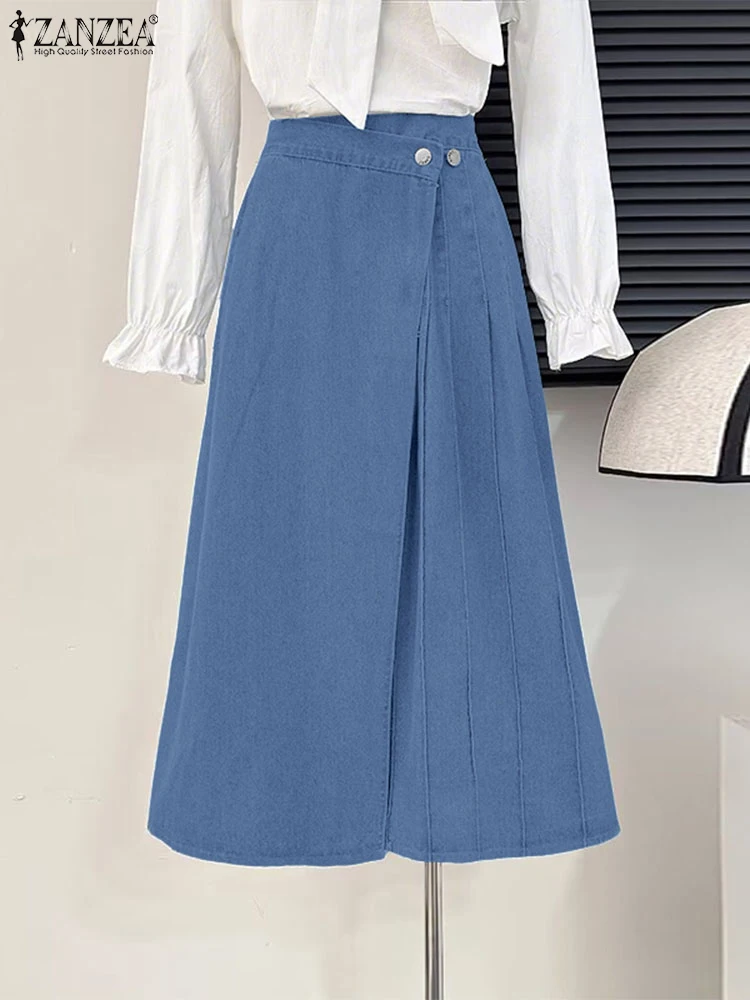 

ZANZEA, осенние джинсовые синие юбки 2022, элегантная женская юбка-миди с высокой талией для офисной работы, однотонная плиссированная юбка трапециевидной формы Jupes OL Faldas Saia