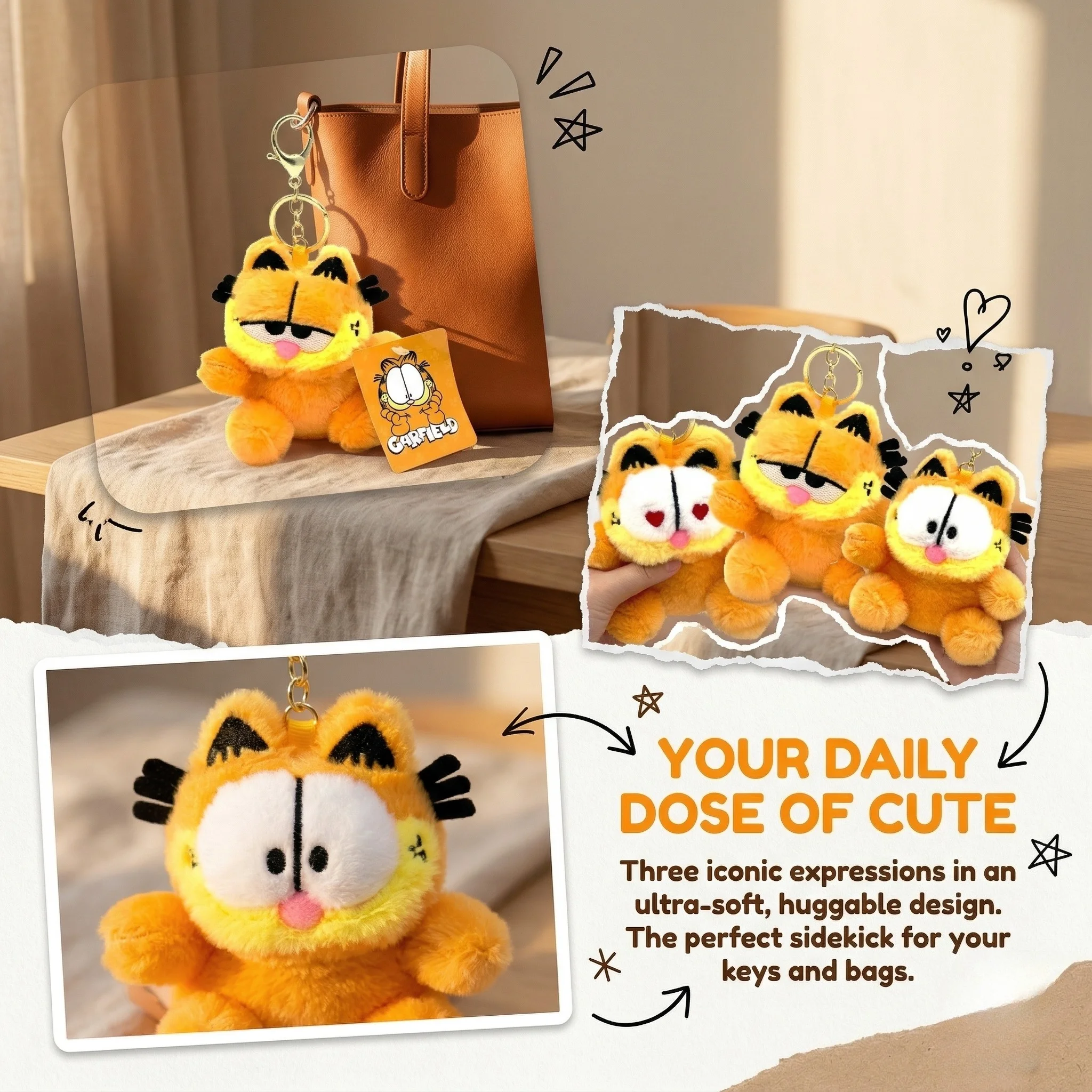 Llavero de peluche de Garfield de 11 cm, 3 estilos populares, bonito muñeco de peluche de Garfield, llavero creativo, accesorios para mochila