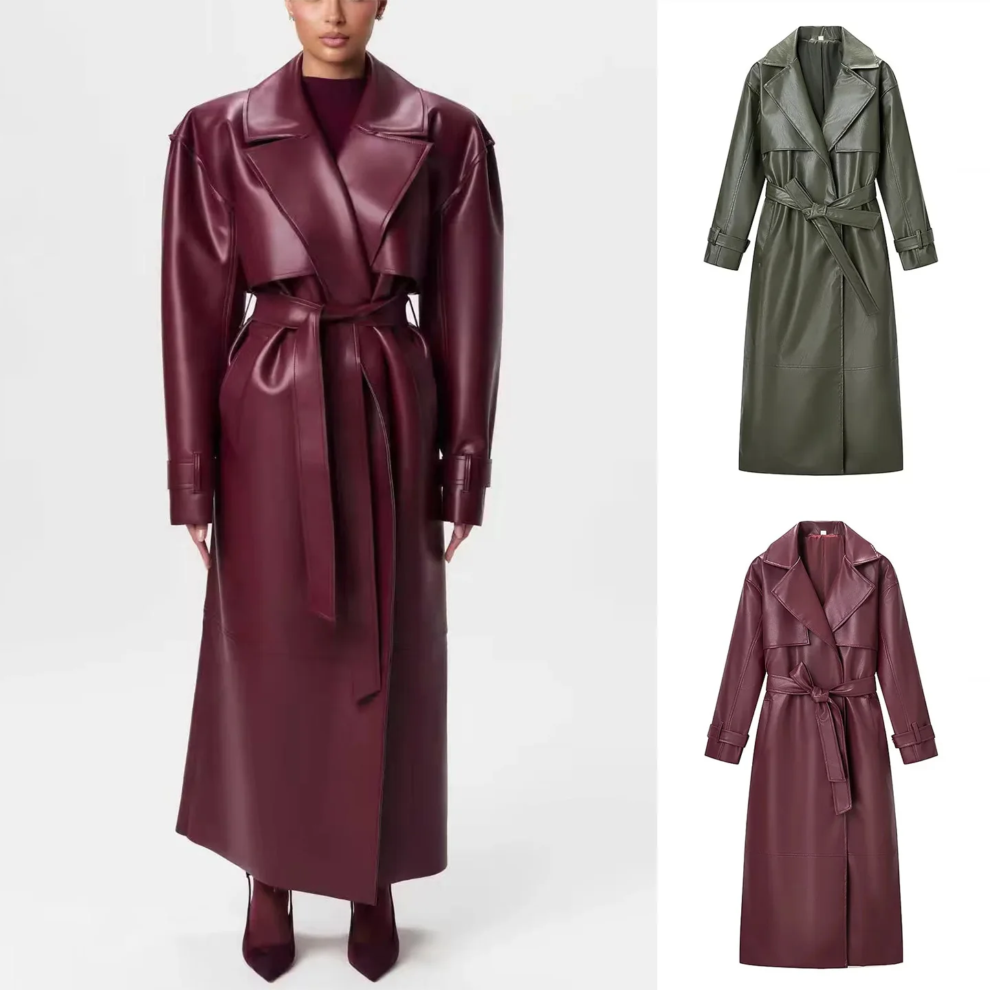 Cappotto longuette con cintura e nodo antigraffio in pelle PU lunga da donna nuova invernale Jaet Commute Sle in fibra di poliestere