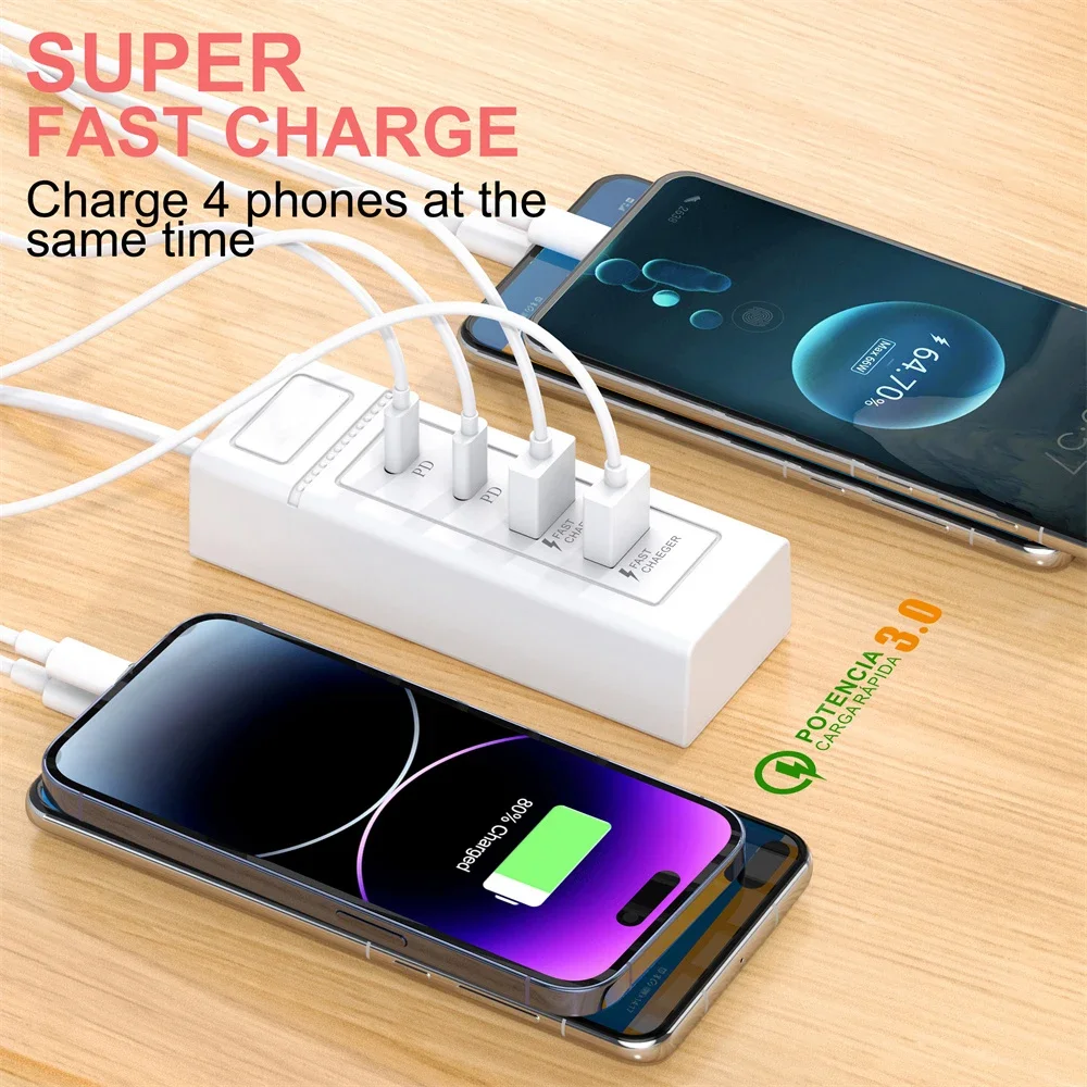 4 منافذ USB شاحن سريع متعدد الألوان نوع C محطة شاحن قطاع الطاقة آيفون 16 15 شحن الهاتف المقابس الكهربائية