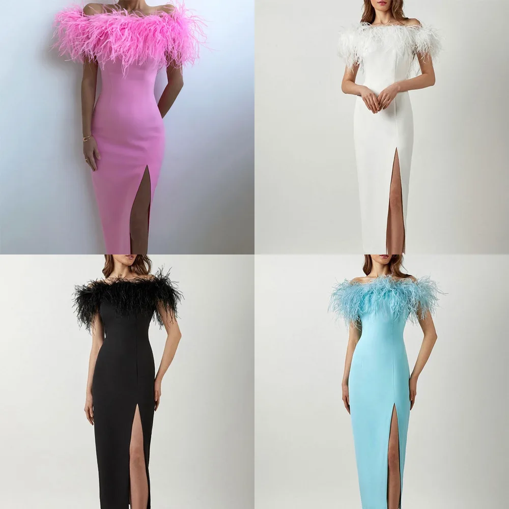 Elegant 2024 Spring Summer Women's One-Shoulder Evening Gown Feather Lady Dress Ball Atmosphere Long Dress Wedding Dress