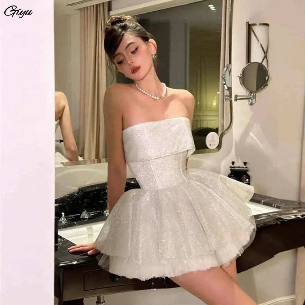 GIYU 2026 Glitter Ivory Puffy Mini Prom Cocktail Dress Korea Photoshoot Strapless Wedding Party Dress A Line Sleeveless Customiz