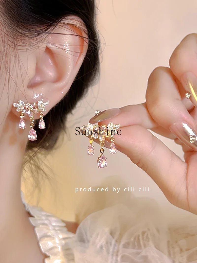 Delicate peony pink flower flash diamond ear clips gentle exquisite high-end earrings