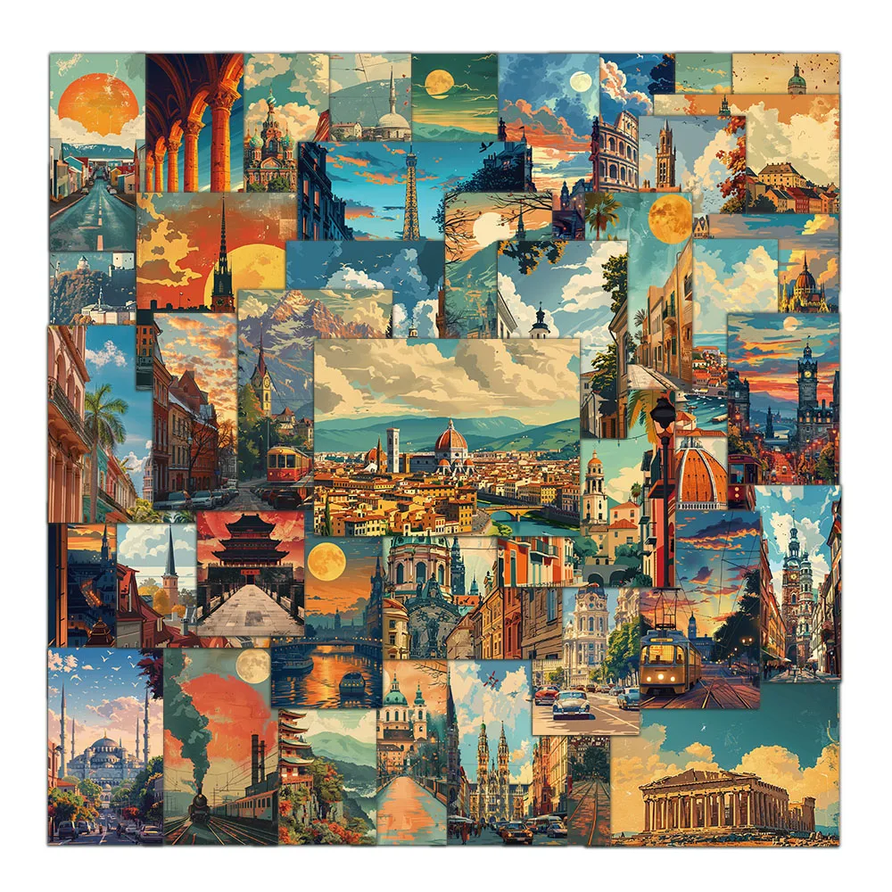 50PCS Retro Landscape Illustration Stickers Laptop Handbook Phone Case iPad Water Cup Stickers
