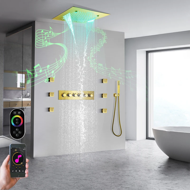 

Ceiling Mounted SUS304 500*500 LED Music Shower Head Rainfall Waterfall Mist Thermostatic Brass Body Bathroom Shower Faucet Set