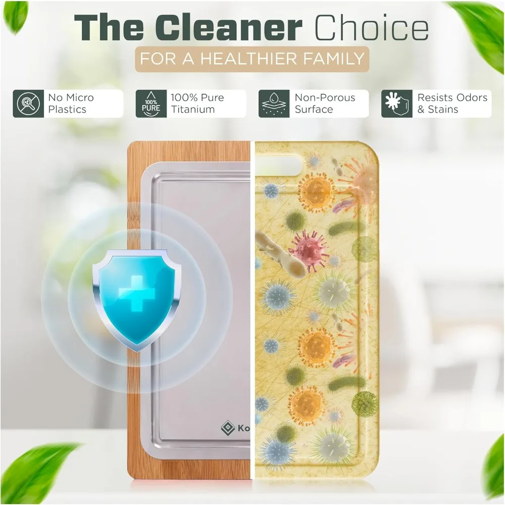 لوح تقطيع مطبخ كبير من التيتانيوم على الوجهين مع جانب من الخيزران - سطح قطع متين مقاس 16 × 12 بوصة للاستخدام اليومي