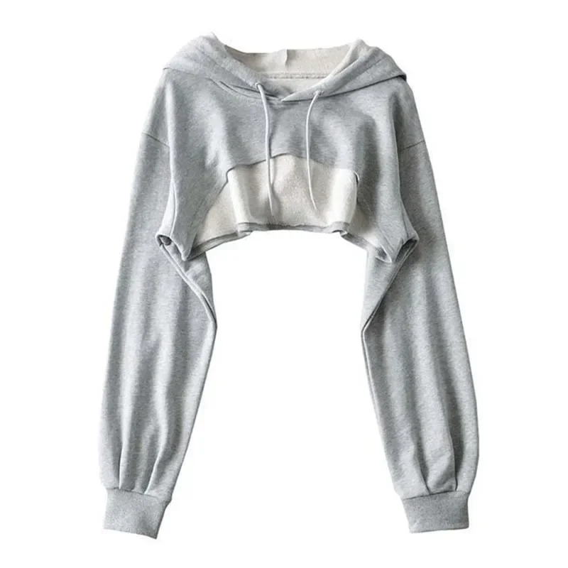 WTEMPO Women Sexy Drawstring Hooded Sweatshirts Long Sleeve Pullover Hoodie Super Crop Top Hoody Sweatshirts