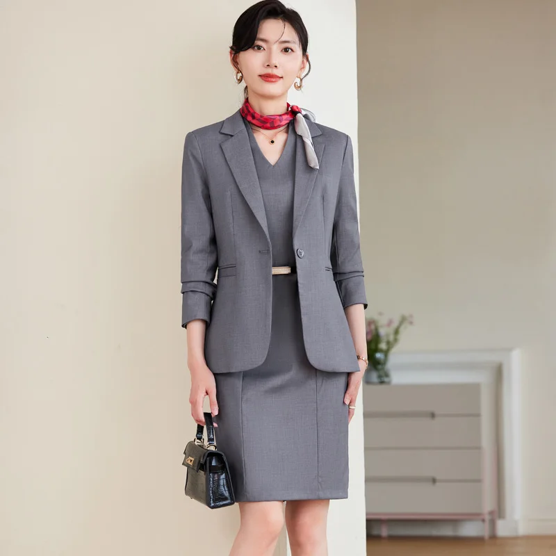 

Office Career Set Women Lapel Blazer + V-Neck Long Sleeve Blazer Dress Set Elegant 2 Pcs 2024 Fall High Quality Formal Wear