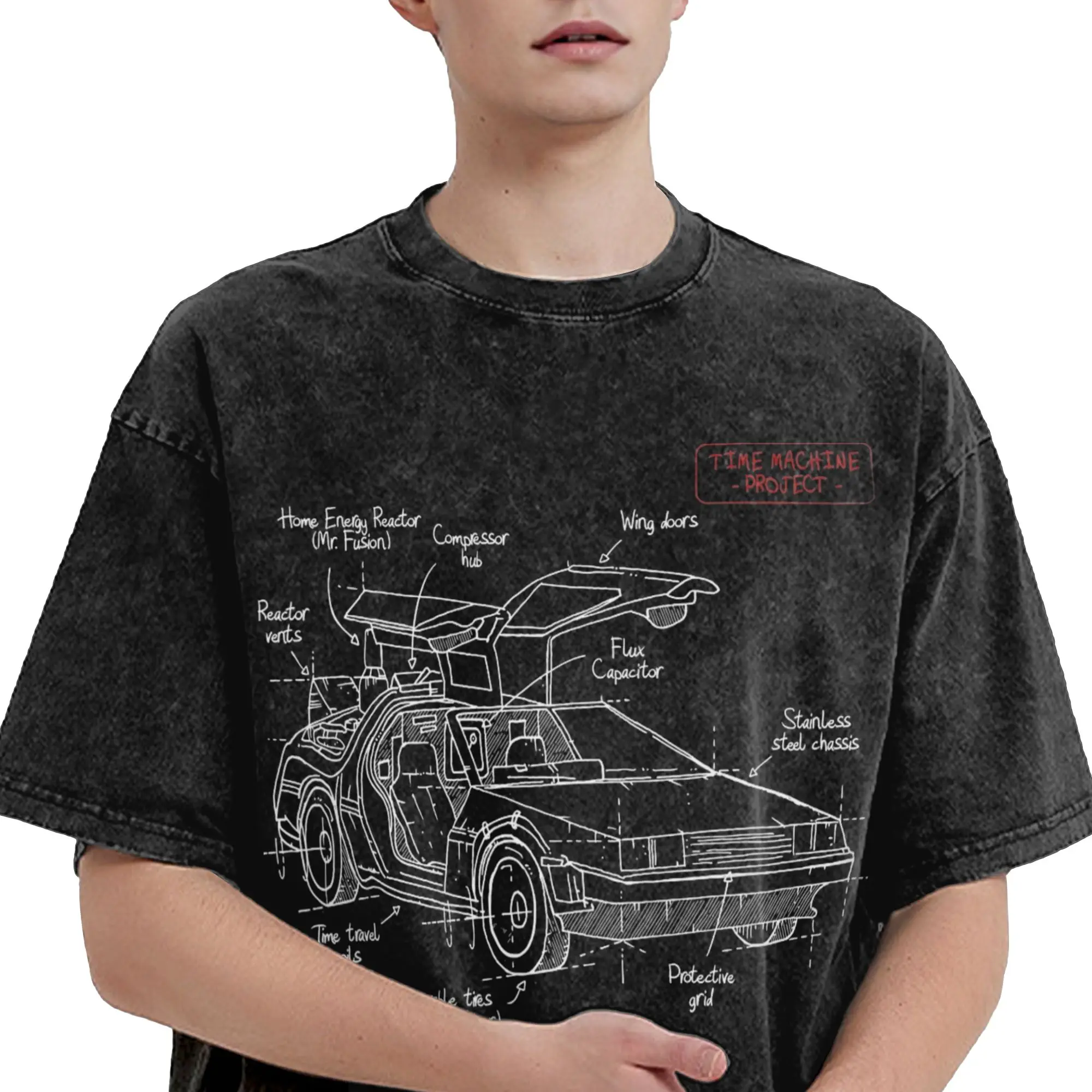 Harajuku Washed Shirts Back to the Future Time Machine Merch Vintage T Shirt Oversize  Streetwear Short Sleeve