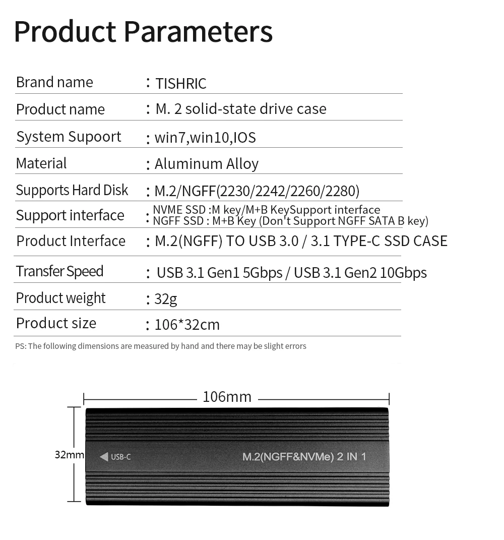 Tishric กล่องฮาร์ดดิสก์ไดรฟ์แบบ HD เคส SSD M.2 NVMe ngfff โปรโตคอลคู่อะแดปเตอร์กล่อง HDD เคส USB 3.0 Type C สำหรับพีซี