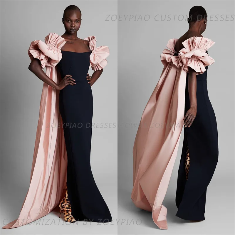 Fashion Black/Pink Satin Sleeveless Luxury Evening Dresses Strapless Long Cape Floor Length Arabic Elegant Party Dress