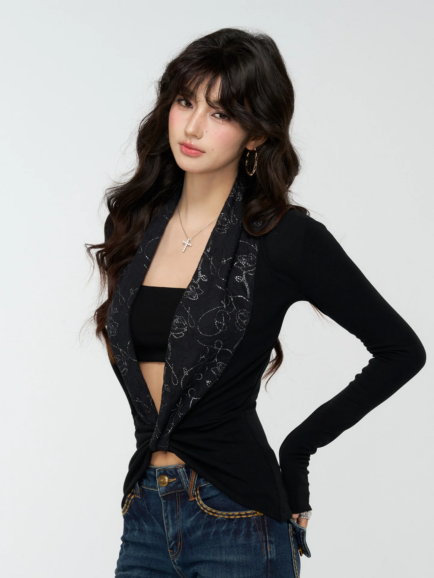 

Original Spicy Girl Patchwork Collar Long Sve Knitted Top Women's Slim Fit Base Layer Autumn Winter Faion Casual Sle