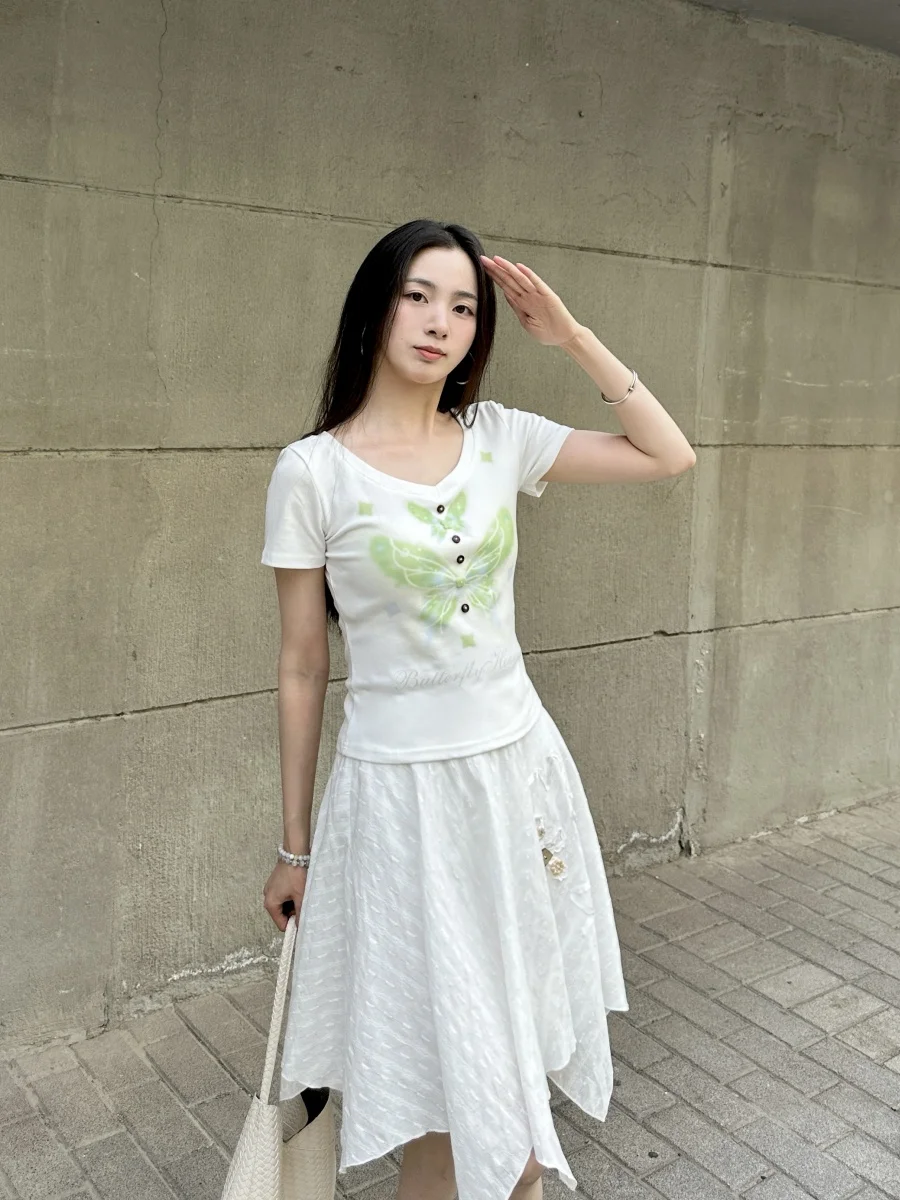 

Korean Sle Print V-Ne Slim Fit Pure Cotton T-irt Summer New Design White round Ne ort Sve Women's Top