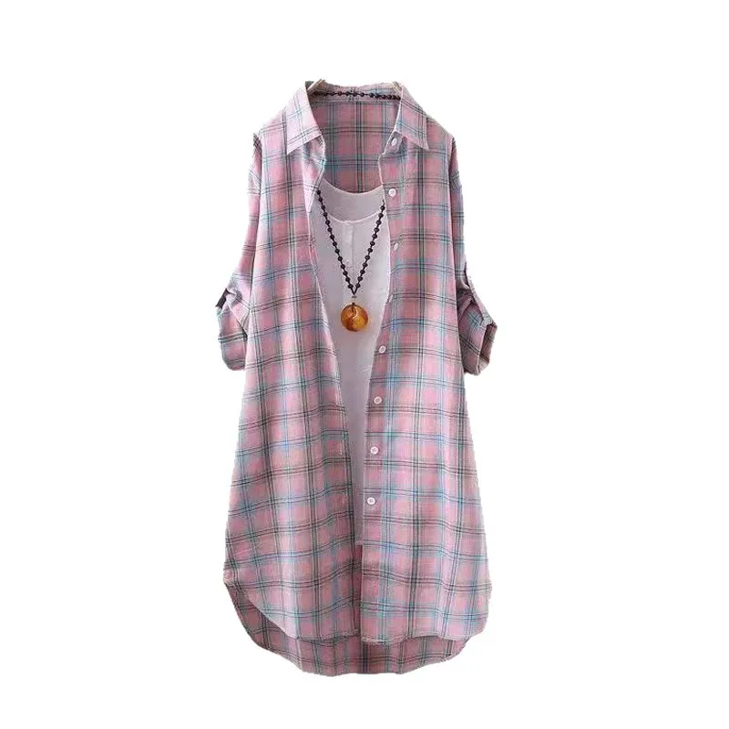 Plaid shirt women's summer long loose large size top long-sleeved cotton and linen shirt sun protection shirt thin jacket view 5