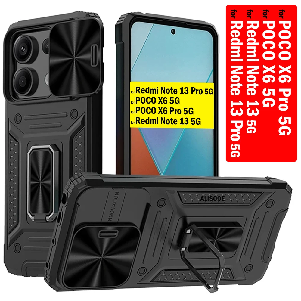 Slide Camera Funda for Redmi Note 13 Pro 5G Poco X6 5G Case Armor Ring Stand Protect Cover for Redmi Note 13 5G POCO X6 Pro Capa