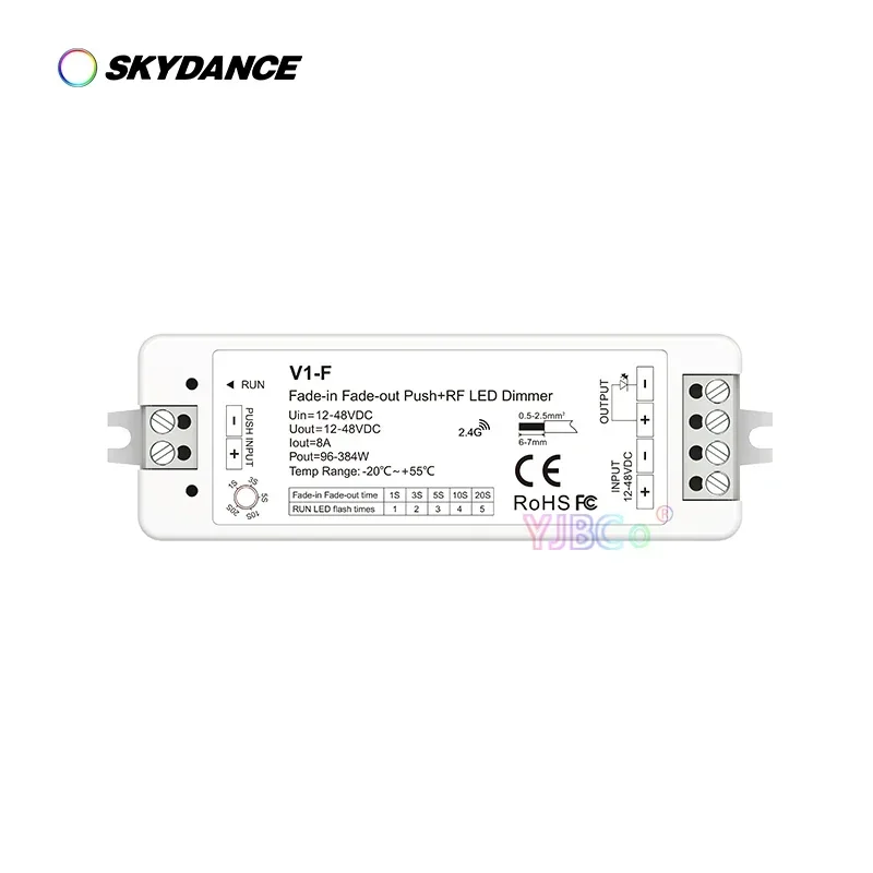 

V1-F Push Dim CV Fade-in Fade-out LED Dimmer 12V-48V 24V 36V 1CH*8A 5 Fading Speed/Step-less Dimming For Single Color led Strip