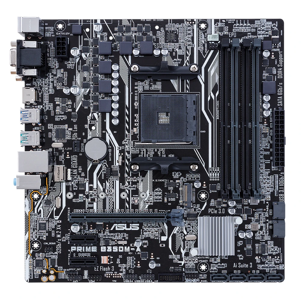 Used Motherboard, ASUS PRIME B350M-A, B350 Chipset, AM4 Socket for 1st Gen Ryzen Processors, Micro ATX Form Factor, 4 DDR4 Slots