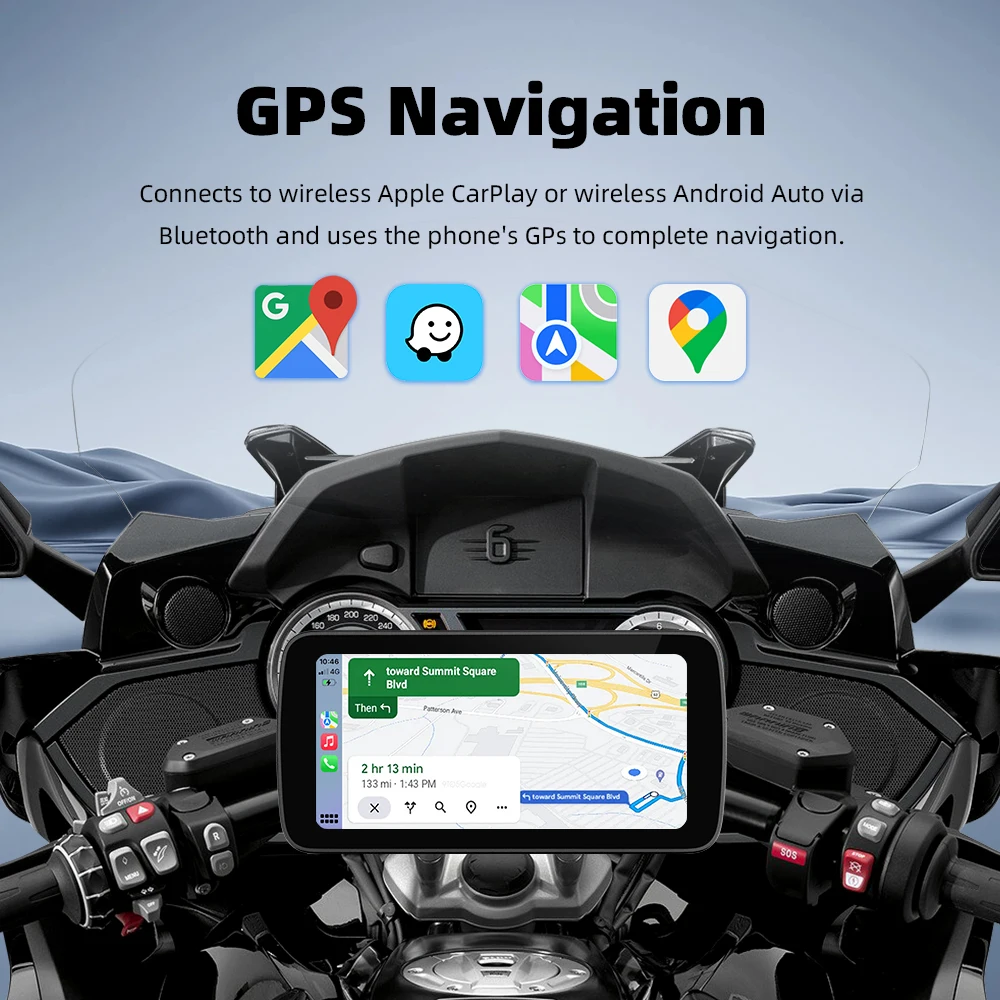 เครื่องนําทาง GPS กันน้ํา IP67 แบบพกพาขนาด 6.25 นิ้ว, รถจักรยานยนต์ไร้สาย Carplay, บลูทูธคู่หน้าจอความละเอียดสูง