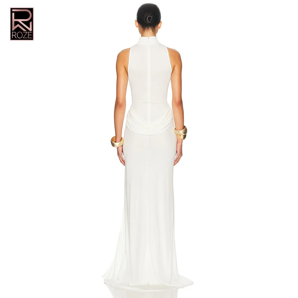 2025 Vestido bodycon sexy com fenda alta – Vestido longo feminino sem mangas com babados na cintura, vestido de noite transfronteiriço elegante