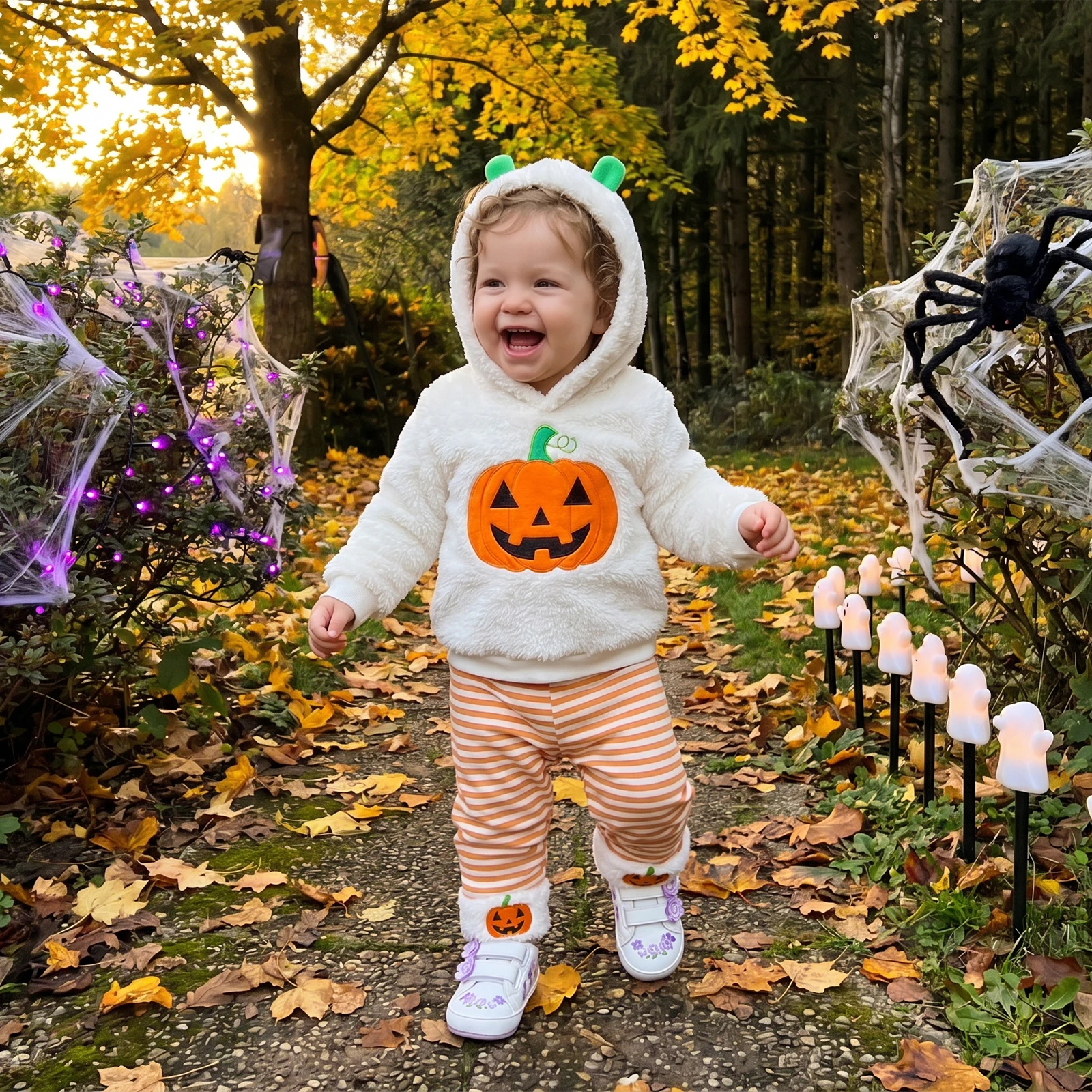 2027 Halloween Girls Outfit Winter Warm Hooded Plush Embroidery Pumpkin Ghost Sweatshirt with Striped Pants Baby's Sets