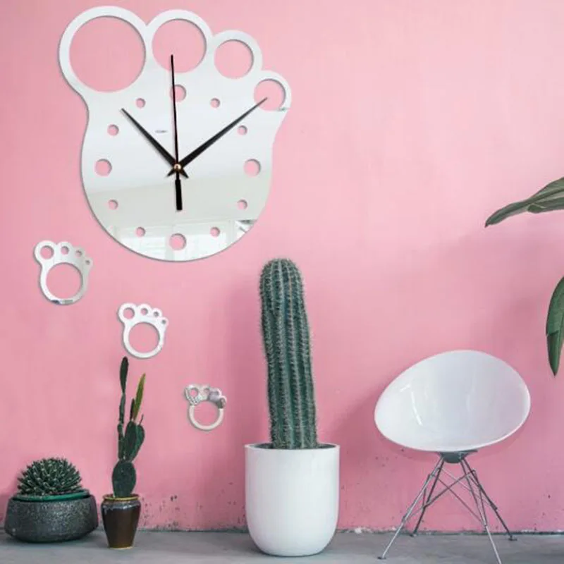 Creative DIY Mirror Footprint Hanging Wall Clock for Living Room Bedroom Background Wall Decoration Waterproof Mirror Sticker