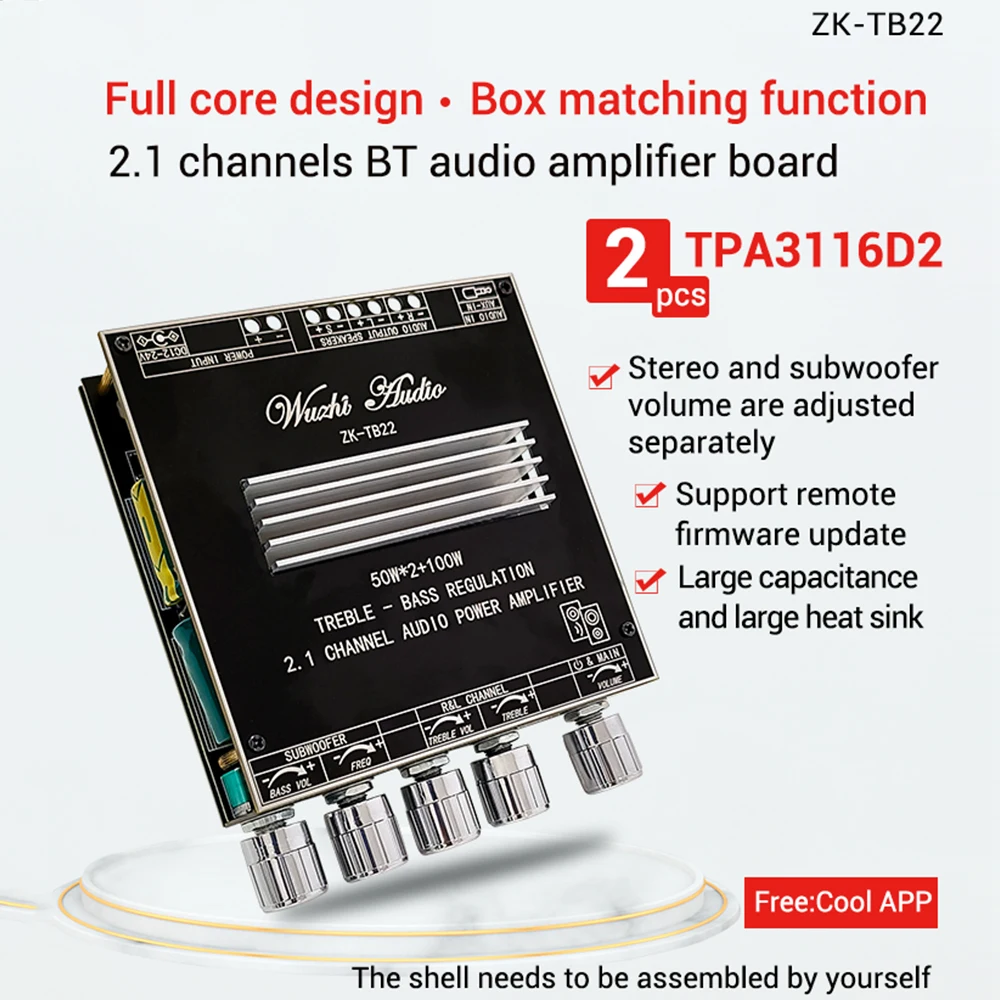 ZK-TB22 2.1 channel bluetooth audio power amplifier board module tweeter subwoofer TWS true wireless TPA3116 50WX2+100W