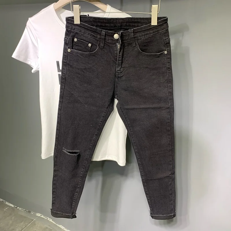 

Men's Korean Sle Faionable Jeans Knee Hole Nine Points Summer New Bla Slim Fit Small Foot Men's Denim Pants