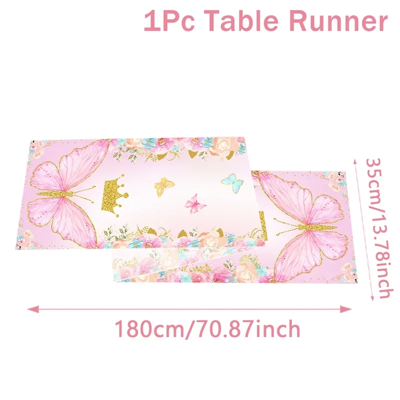 1pc Pink Butterfly Themed Polyester Table Runner Table Flag For Butterfly Birthday Baby Shower Wedding Home Holiday Table Decor