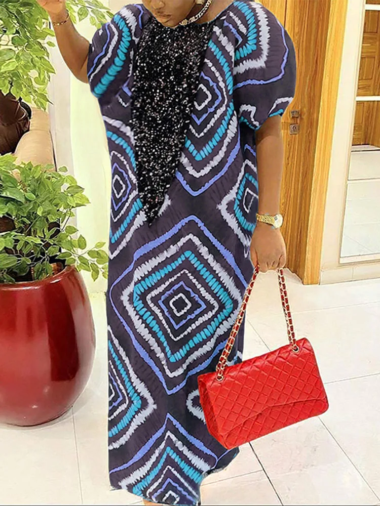 حجم كبير 5XL فوندا النساء البوهيمي ماكسي فساتين الصيف نفخة الأكمام طباعة المرقعة فستان الشمس الطويل 2025 خمر رداء الحفلات الموضة #3