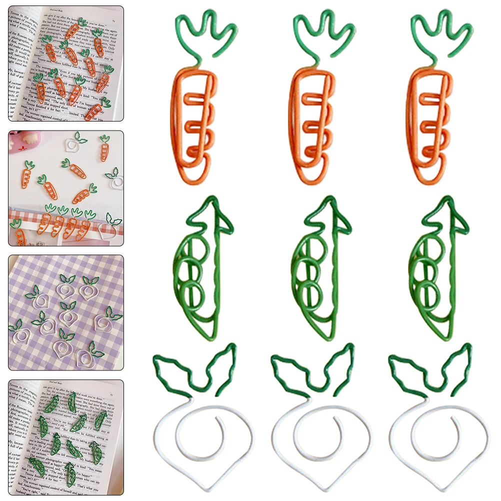 

9 Pcs Cartoon Vegetable Paper Clips Cute Carrot Pea Design Office School Supplies Metal Document Binder Decorative Fun Small