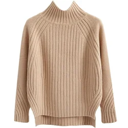 New Solid Color Half High Neckline Pullover Sweater For Women's Short Spring Autumn Winter Knitted Base Sweater Fashion Knitwear