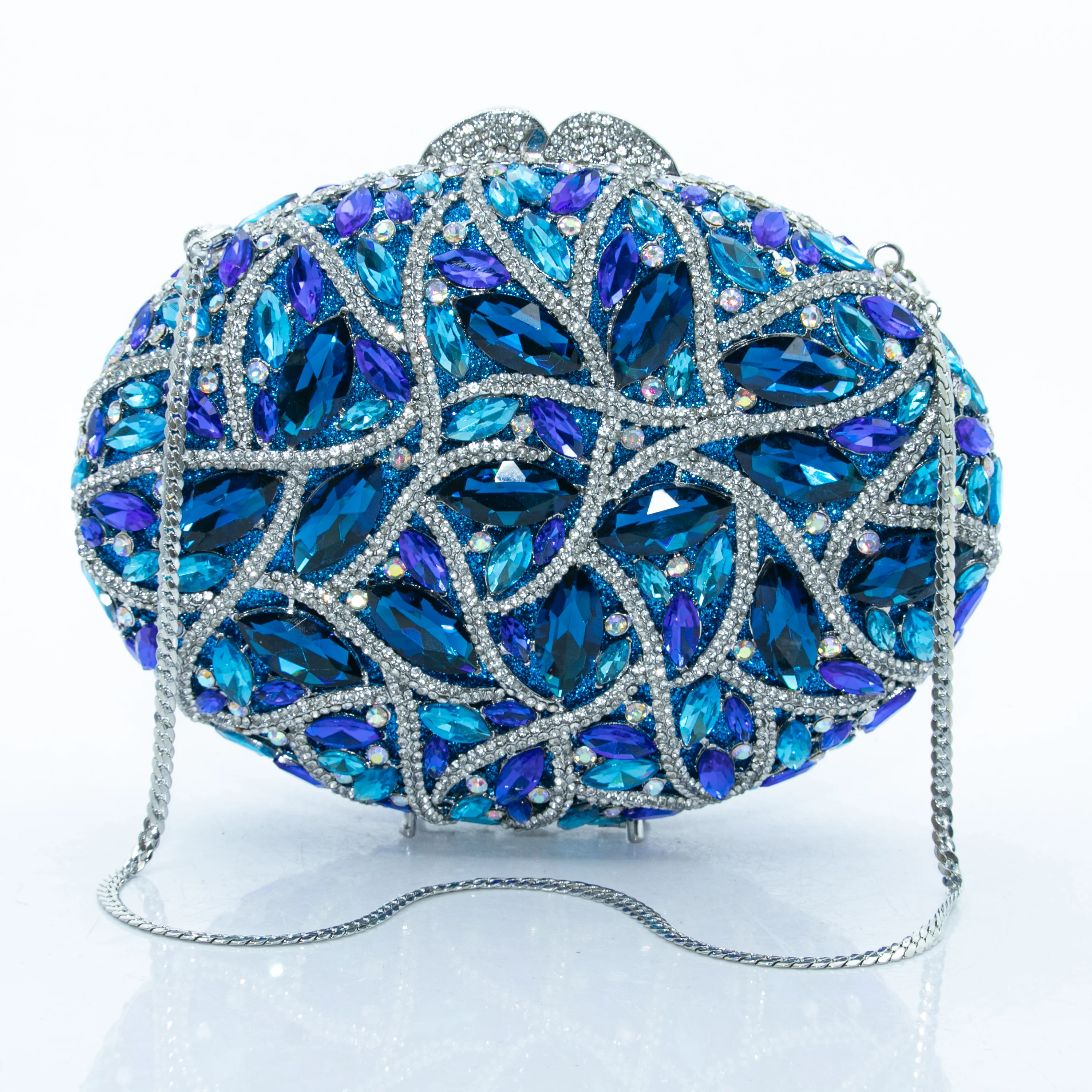 Women Oval Blue Crystal Rhinestone Clutch Hollow Floral Evening Handbag Wedding Prom Banquet Party Dinner Glam Minaudiere Purse.