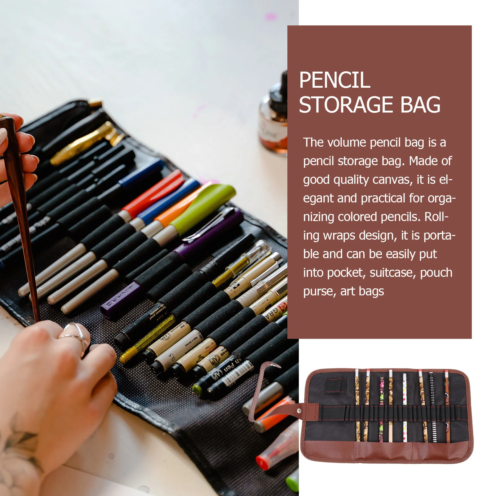 

2 Pcs Pen Curtain Stationery Storage Pencil Case Canvas Bag Black Brown Wrap Drawing Pencils Pouch