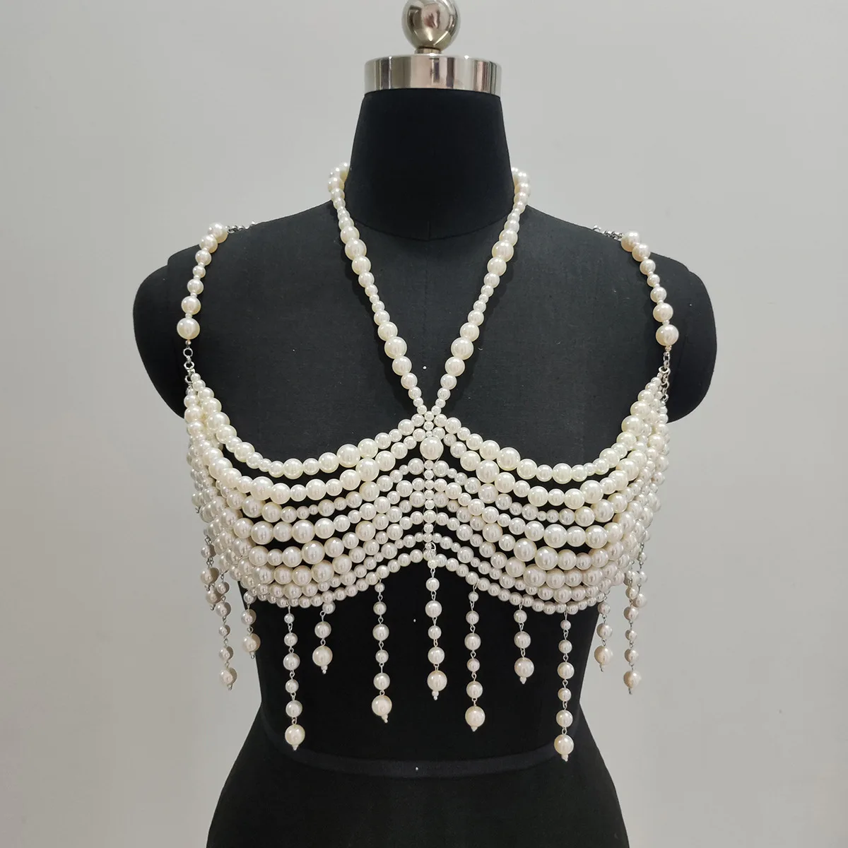 Fashion Handmade Beads Body Chains Imitation Pearls Beads Necklace Halter Dress Masquerade Stage Party Neck Bra Jewelry