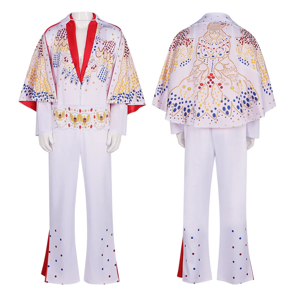 

Adult Men Halloween Rocker Performance Elvis Cosplay White Uniform Costume